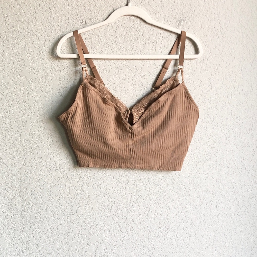 Aerie Ribbed Lace Bralette Top Crop Tan Layering Wireless XL